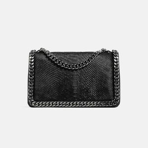 Black Leather Embossed Chain Shoulder Bag